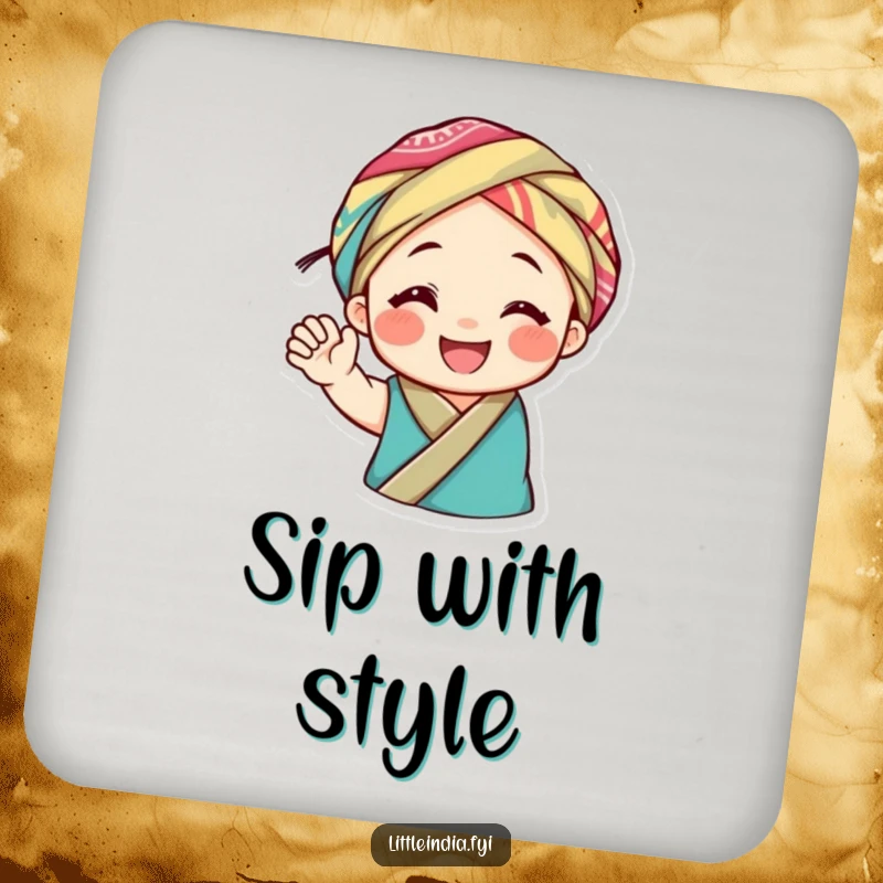 Funny drink coaster featuring a smiling character in a colorful headwrap, waving joyfully, adding humor and surface protection with cheer.