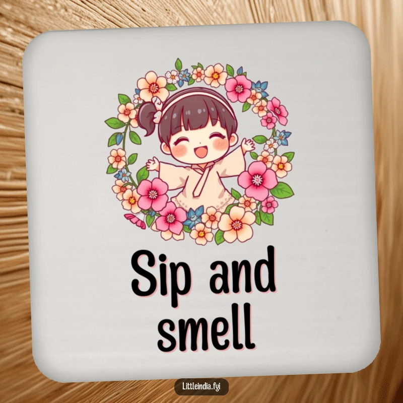 Funny Drink Coasters showcasing a joyful character spinning a fragrant flower garland, adding a beautiful and humorous touch to any surface.