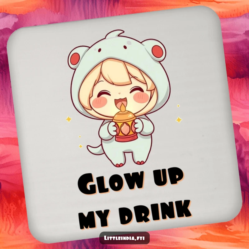 Funny Drink Coasters showcasing a joyous character holding a small decorative lamp with a warm glow, stylish and protective, a charming funny gift.