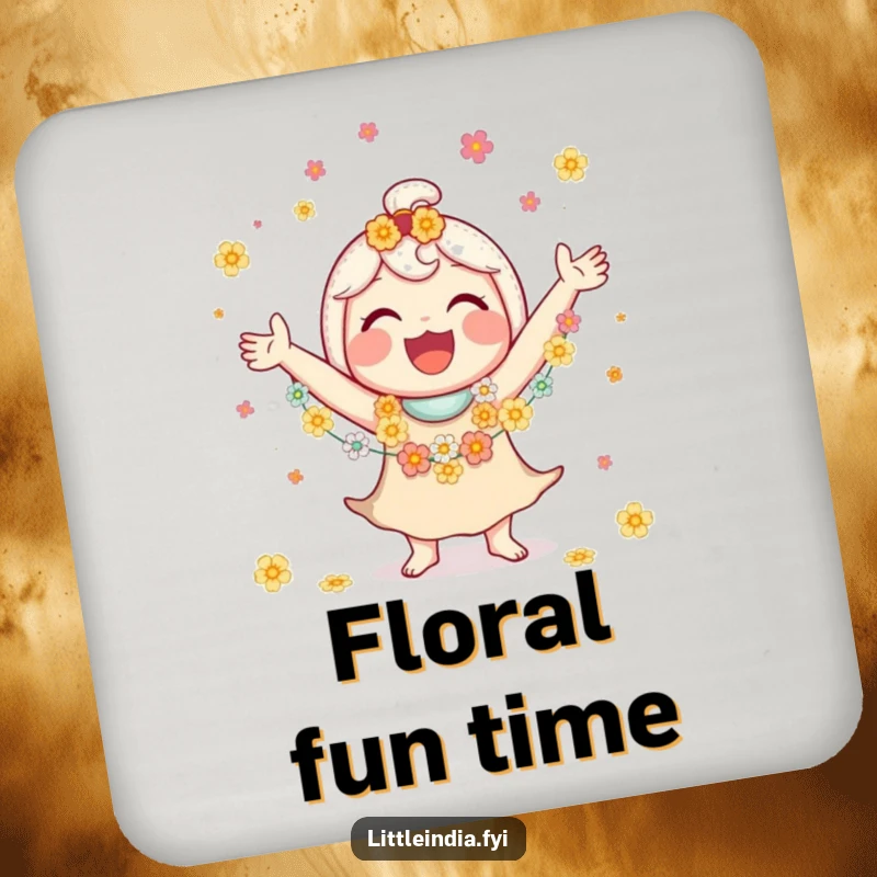 Funny drink coasters with a jubilant character juggling flower garlands, smiling brightly, perfect for parties.