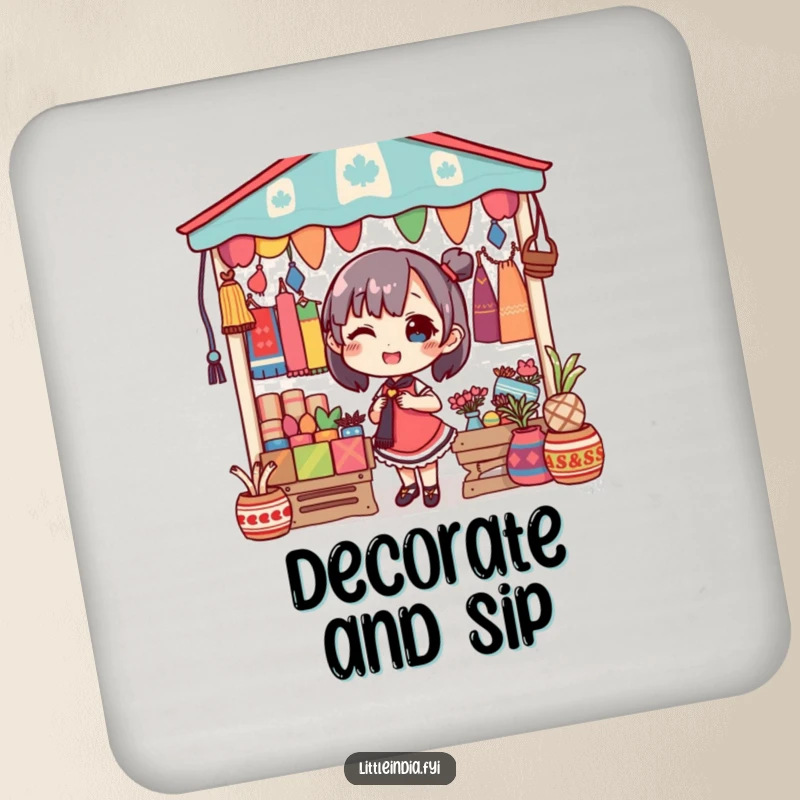 Funny drink coasters with a delighted character decorating a market stall with colorful textiles, perfect for parties.