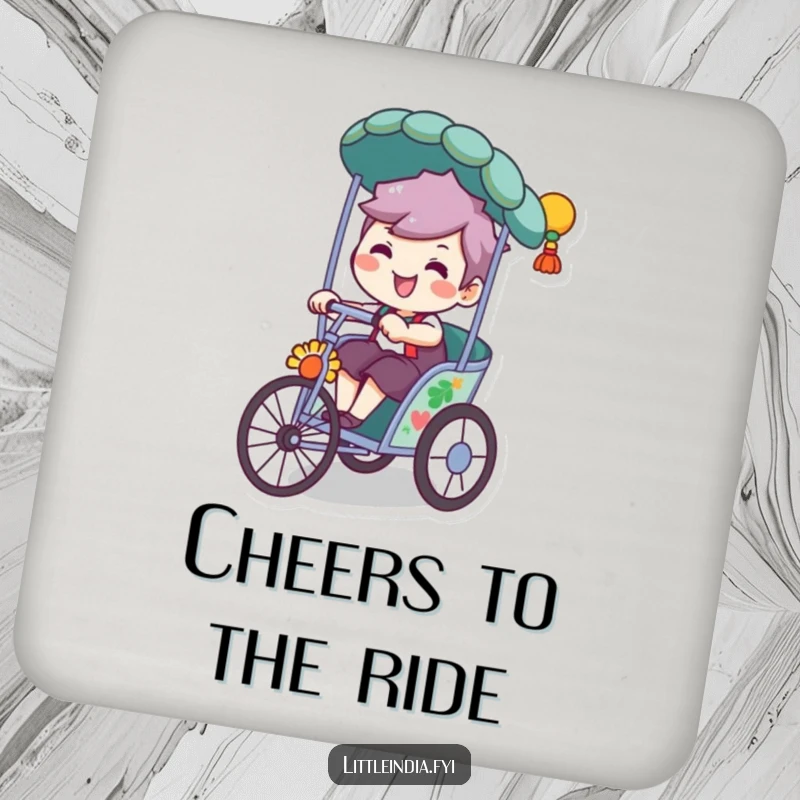 Funny drink coaster featuring a character with a cheerful, playful grin riding a decorated rickshaw.