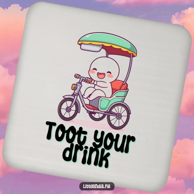 Funny drink coaster featuring a giggling rickshaw character cheerfully tooting, adding a playful and happy ambiance to any surface while preventing spills.