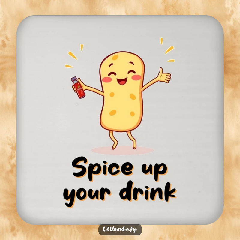 Funny Roti Canai Coaster with a dancing roti canai juggling miniature sambal bottles.