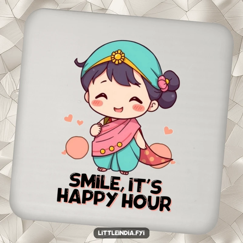 Funny Drink Coasters showcasing a cute character in a tiny sari happily exchanging smiles, stylish and protective, a charming funny gift.