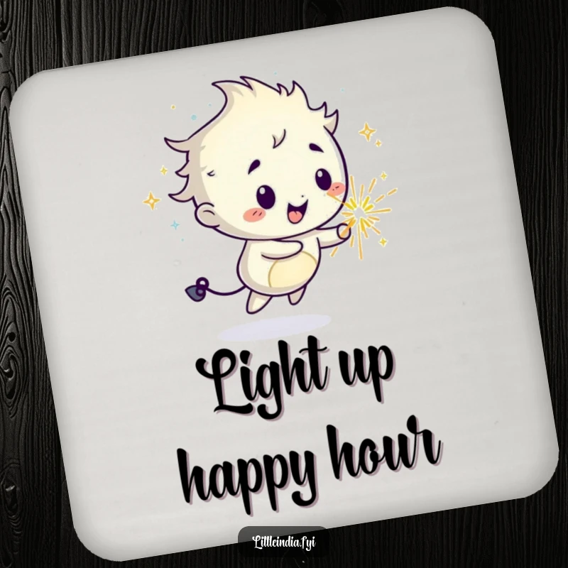 Funny coasters featuring a mischievous sparkler character leaving a decorative trail of happiness around drinks.
