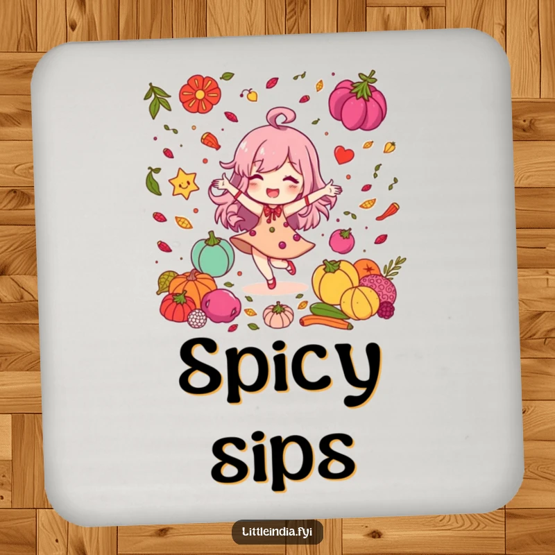 Funny Coaster: Delighted character dancing among colorful spices, perfect for protecting surfaces with vibrant flair.