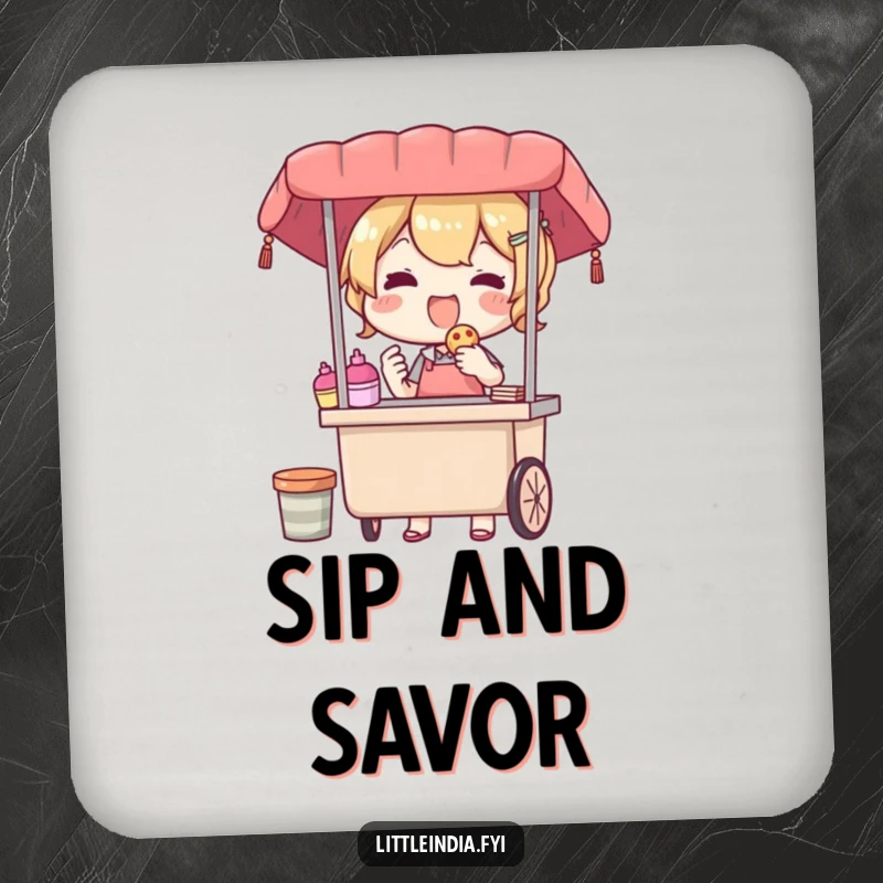Funny drink coaster featuring a delighted street vendor character offering a treat, adding a warm and happy ambiance to any surface while preventing spills.