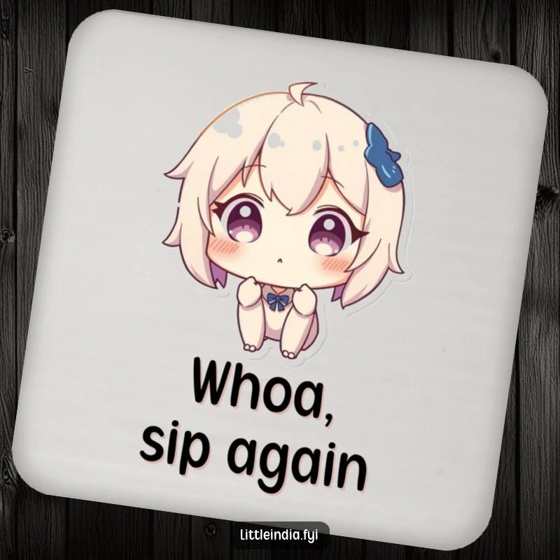 Funny drink coaster featuring a character with a surprised expression, adding a humorous touch to beverage service.