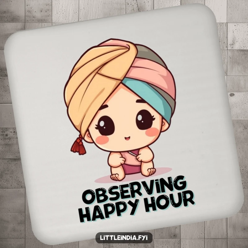 Funny drink coaster with a character peeking from a turban, protecting surfaces with a humorous, intriguing design, a delightful accessory.
