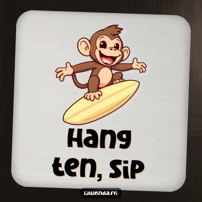 Funny drink coaster featuring a mischievous monkey riding a giant roti like a surfboard, protecting surfaces humorously.