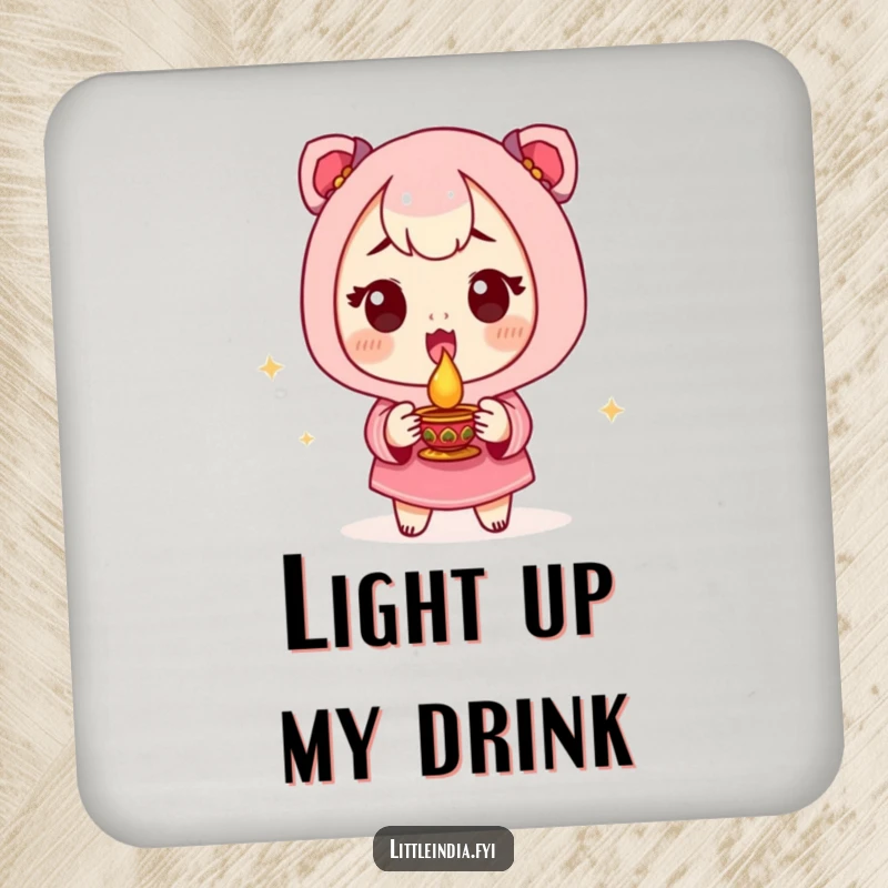Funny Coaster featuring an excited character holding a small diya lamp, protecting surfaces with festive humor.