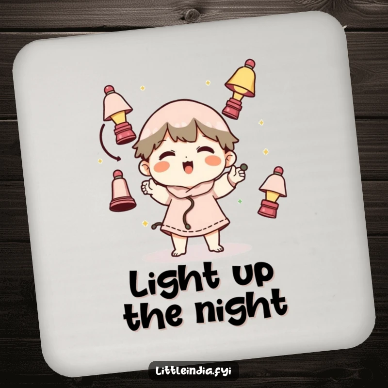 Funny drink coasters showcasing a character adeptly juggling small lamps, adding a humorous touch to any beverage setting.