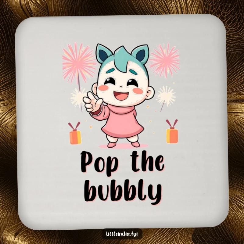 Funny Drink Coaster: A smiling character in a dynamic pose with festive firecrackers exploding in the background.