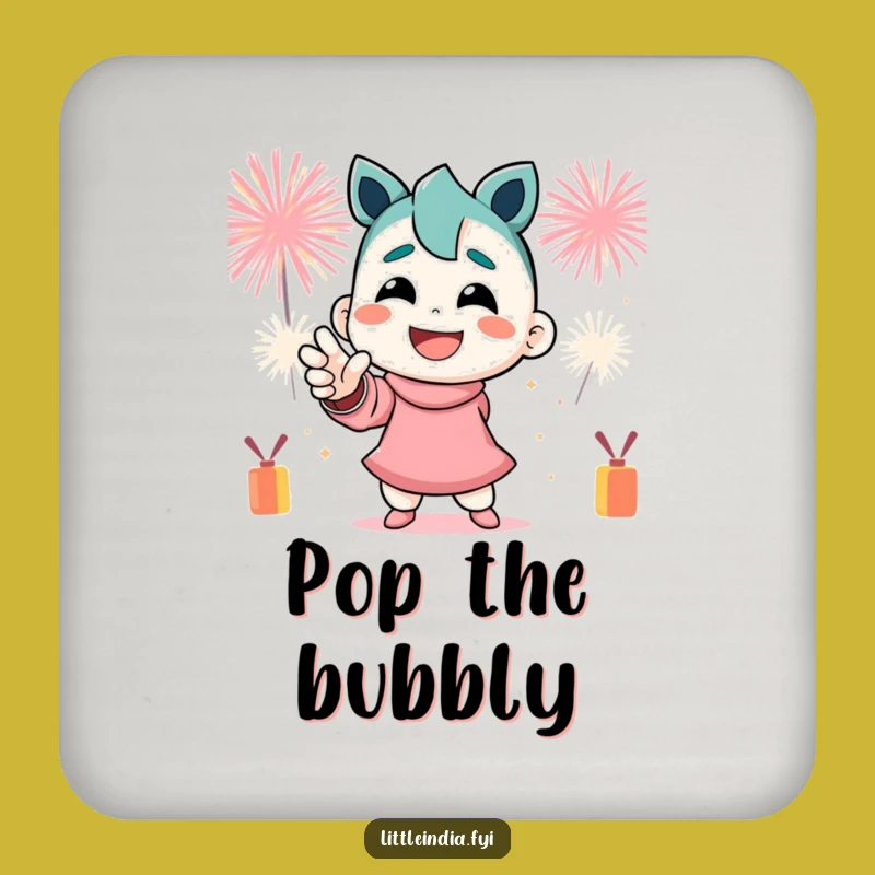 Funny Drink Coaster: Firecracker Pose by Smiling Character for Festive Tables
