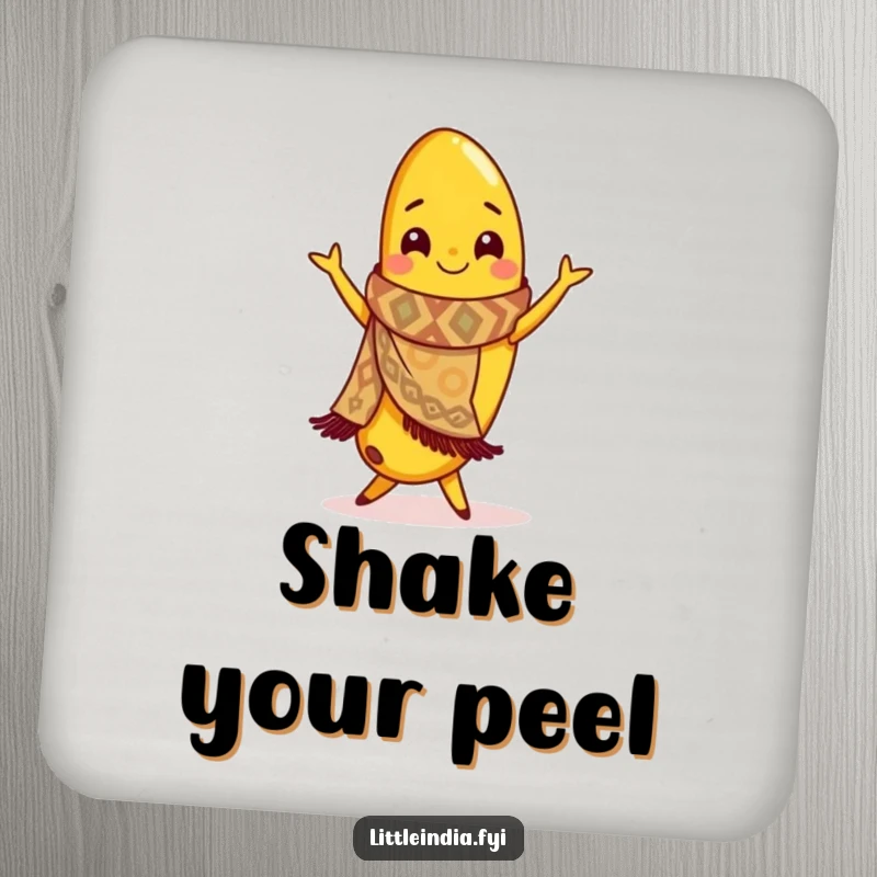 Funny drink coaster featuring a banana in a scarf, performing a lively flamenco dance, protecting your furniture.