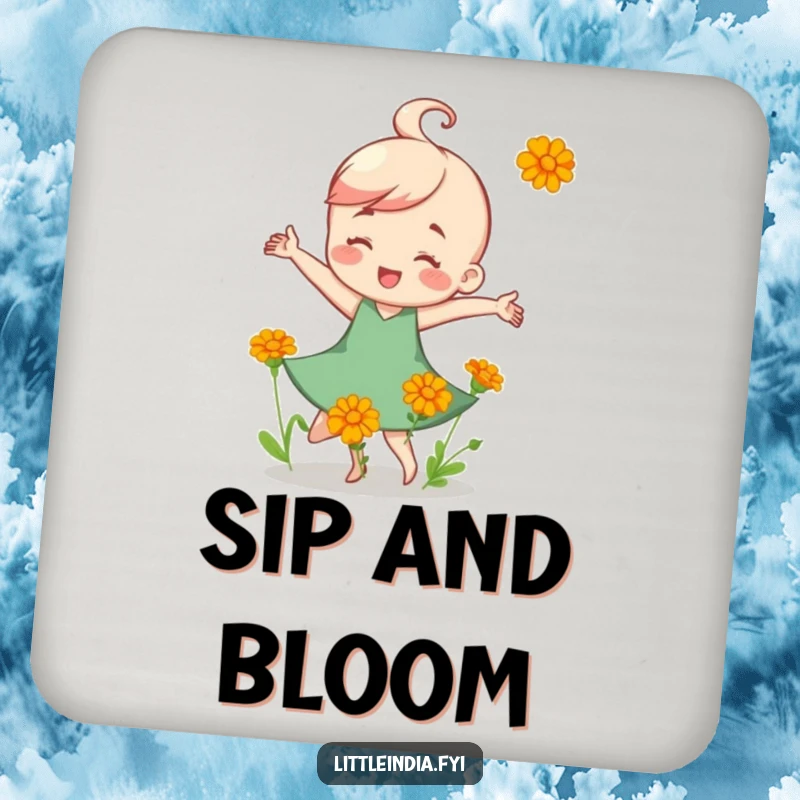 Funny Coaster: A happy character dancing with small, colorful marigold flowers, protecting surfaces with cheer.