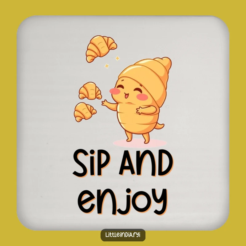 Funny Blushing Croissant Juggling Coaster - Protect Surfaces with Sweetness!