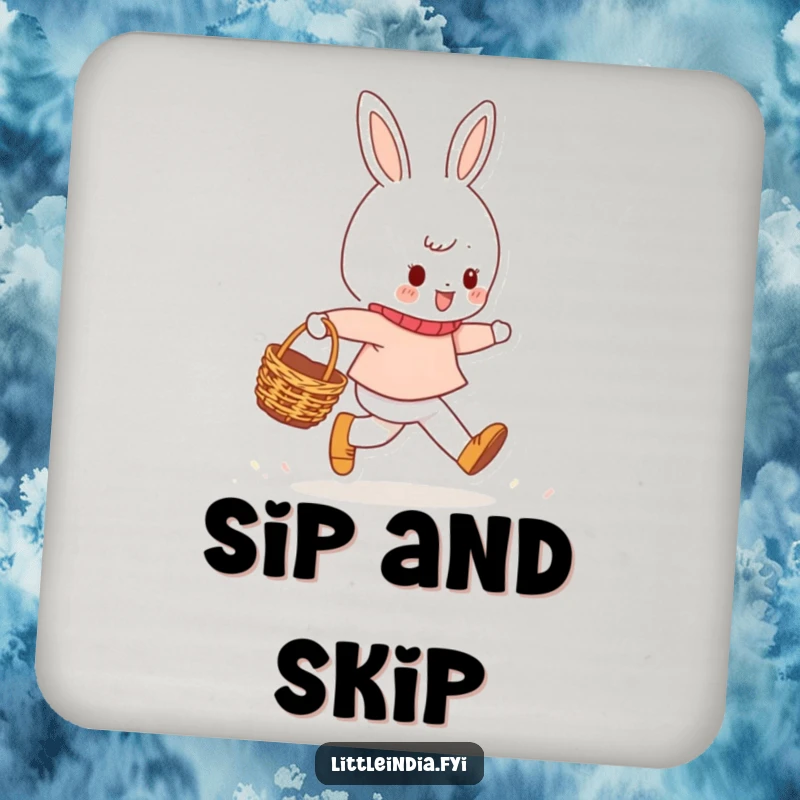 Funny Drink Coasters depicting a cheerful character skipping with a small woven basket, adding a touch of happiness and protecting surfaces with style.