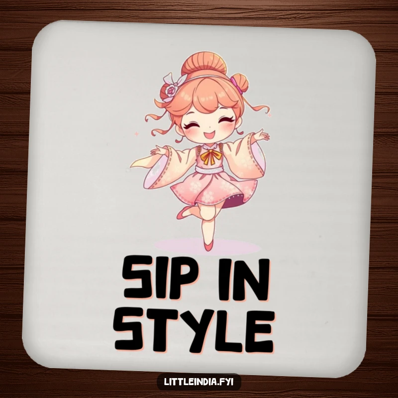 Funny coasters showing a delighted character dancing with shimmering silk fabrics, adding elegance and protection.