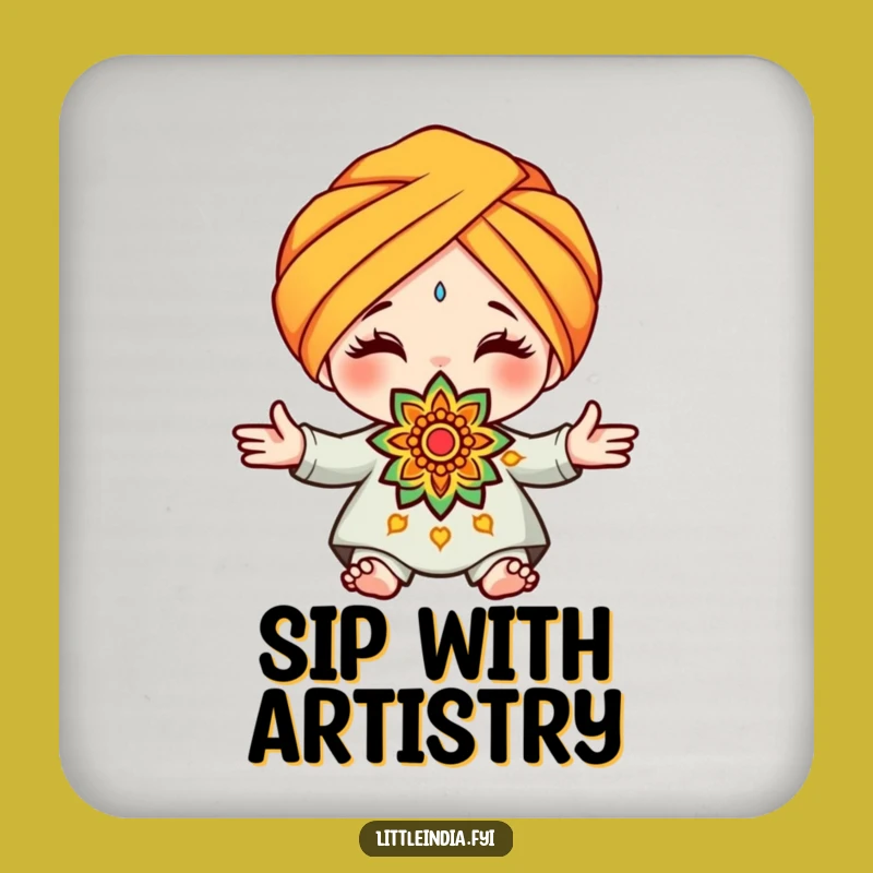 Funny Turban Rangoli Coaster - Cute Character Offering Art Drink Gift