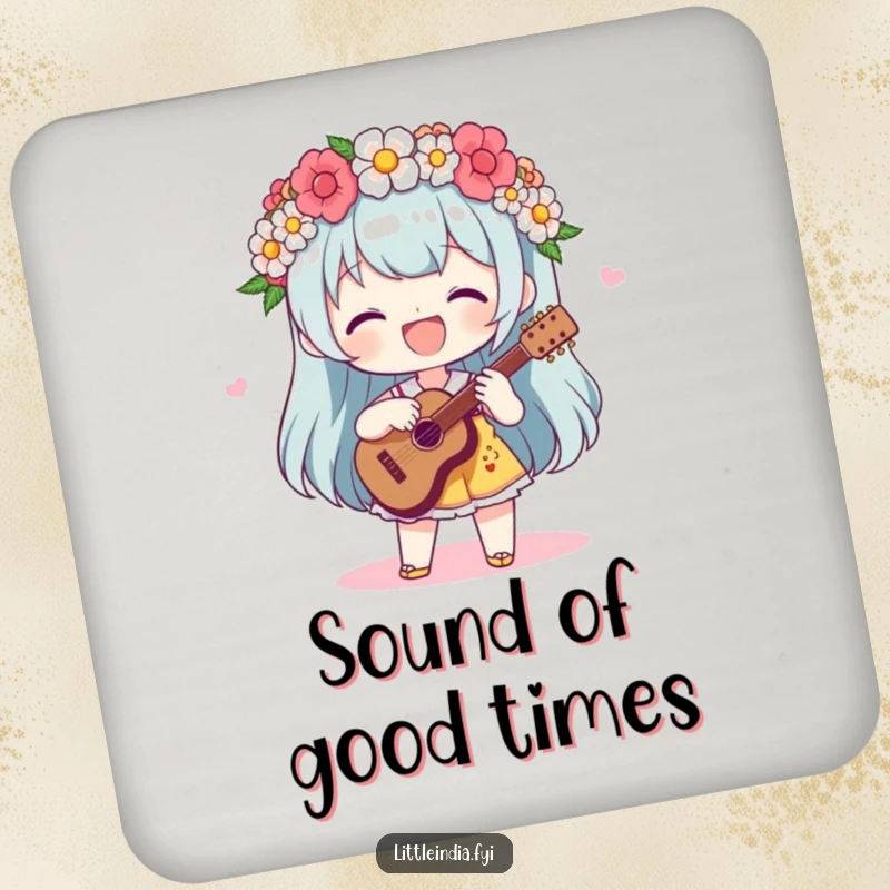 Funny Coaster: A delighted character with a flower garland plays a beat, adding musical flair to drink protection.