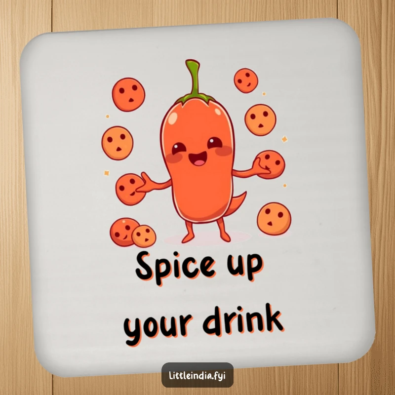 Funny chili pepper character juggling idlis printed on a protective drink coaster, adding humor to any surface.