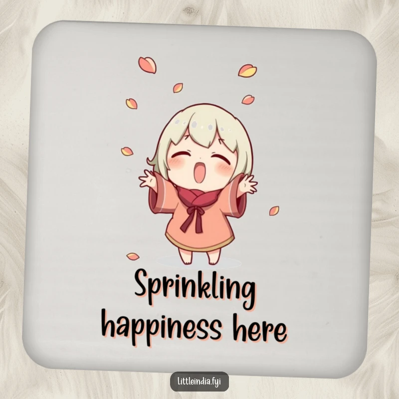 Funny Coaster: Excited character joyfully tosses small petals, adding a splash of happiness and protecting surfaces. Excellent funny gift.