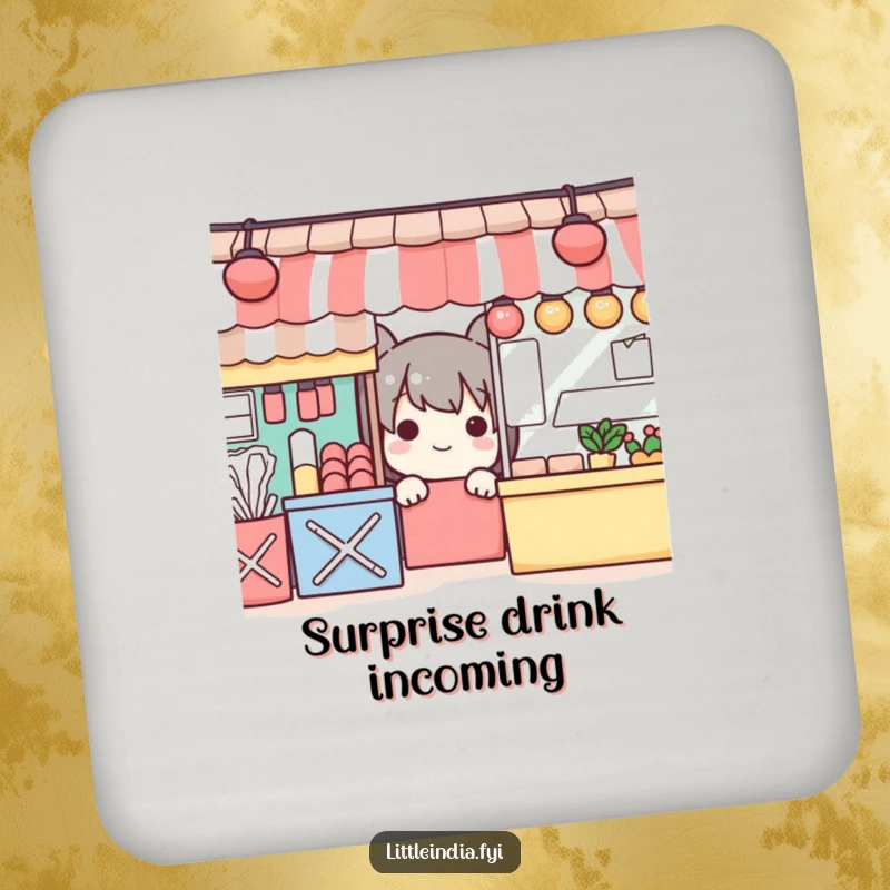 Funny coasters showing a playful character peeking from colorful market stalls, protecting surfaces with style.