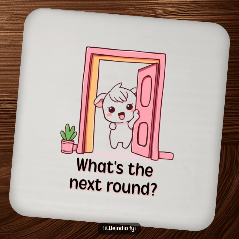 Funny Drink Coaster: A curious character peeks with excitement from behind a vibrant doorway, adding a touch of mystery.