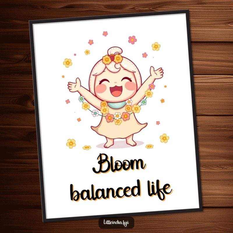 Funny poster illustrating a jubilant character skillfully juggling small flower garlands with an enormous, happy smile.