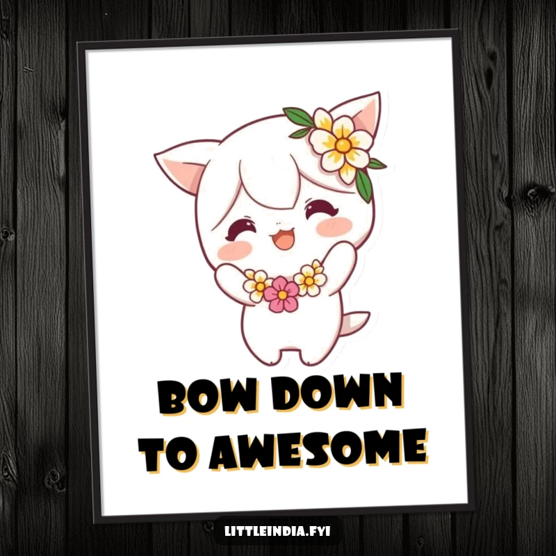 Funny Poster: Cheerful character in a flower garland performs a graceful, playful bow, bringing warmth and humor to any wall space. Ideal funny gift.