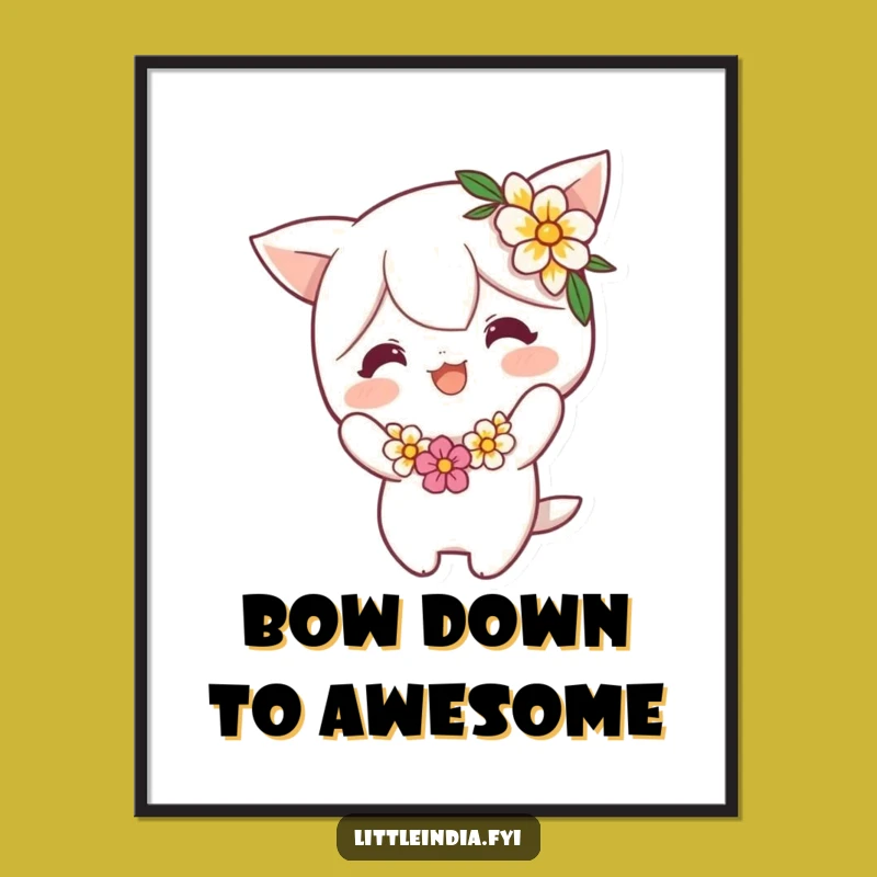 Funny Flower Garland Bow Poster: Cheerful Character's Playful Art - Whimsical Wall Decor