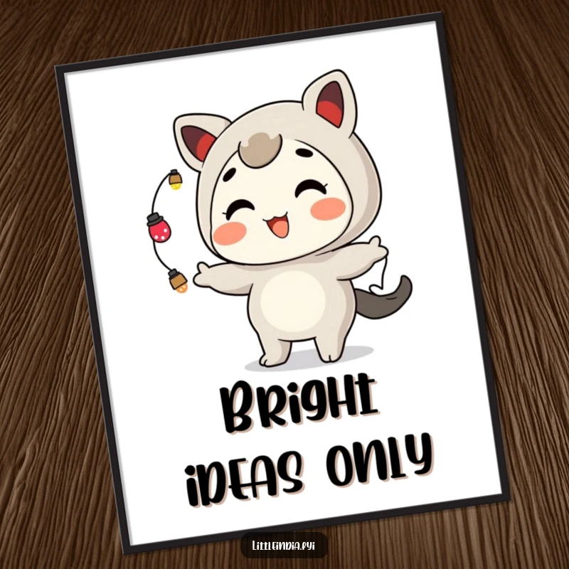 Funny Poster: A grinning playful character performs a dazzling display, juggling numerous small ornamental lights with skill.