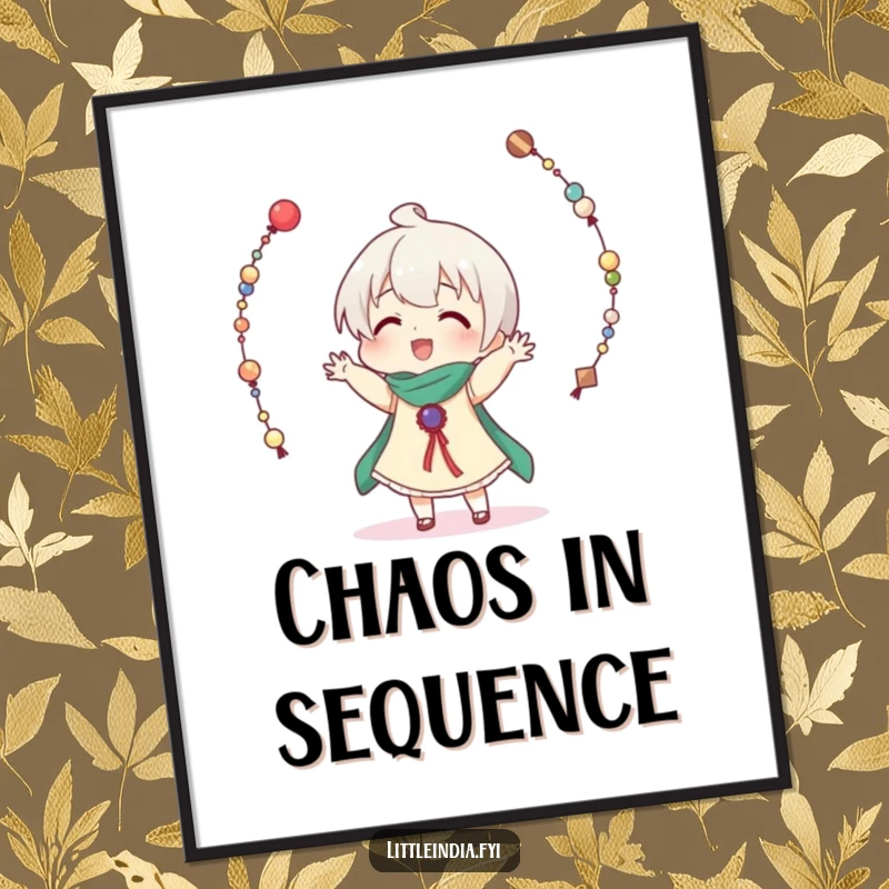 Funny poster capturing a character comically struggling to juggle many decorative strings of beads, creating a humorous scene.