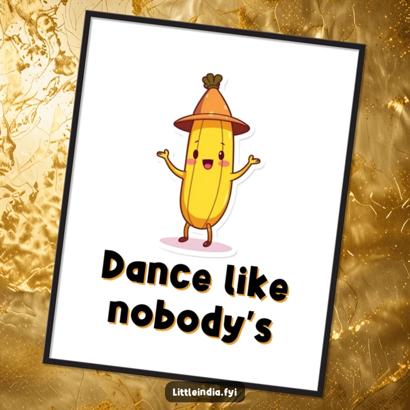 Funny Banana Poster featuring a cheerful banana in a conical hat doing a jig, adding a vibrant and humorous touch to decor.