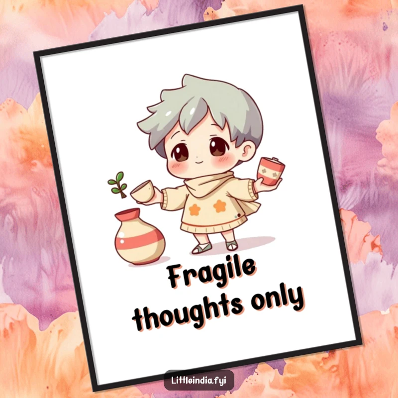 Funny Poster: A curious character balancing small, decorative pottery pieces in a juggling act, creating visual interest.