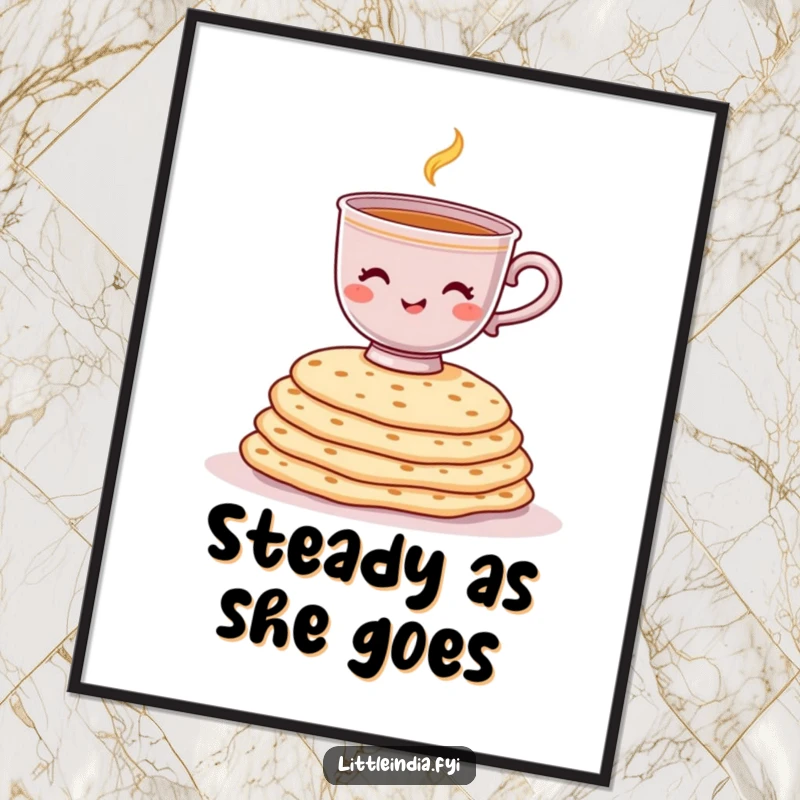 Funny poster depicting a cheerful chai cup masterfully balancing on a tall stack of chapati.