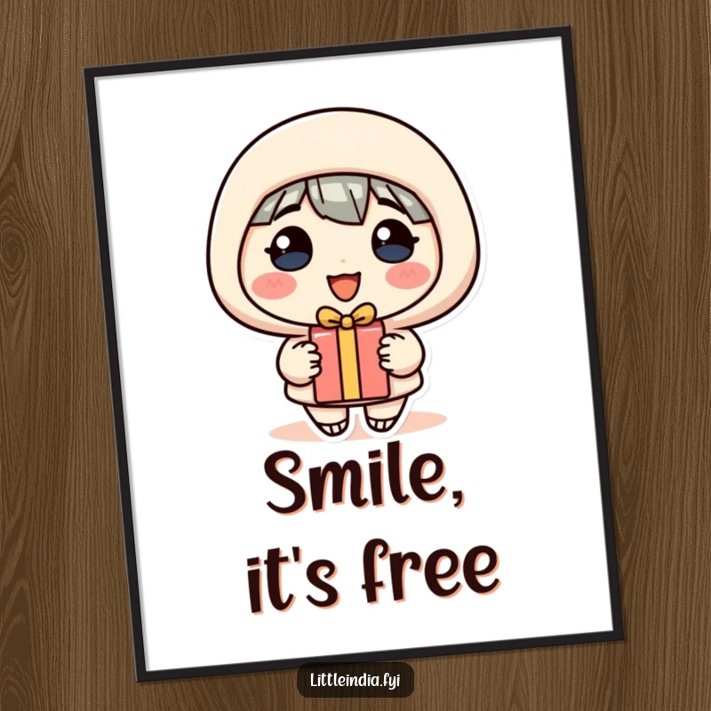 Funny Poster: A happy character with a radiant smile generously offers a small, wrapped gift in a dynamic pose.