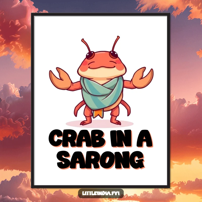 Funny Chilli Crab Poster showing a confused chilli crab trying to wear a tiny sarong with a bewildered expression.