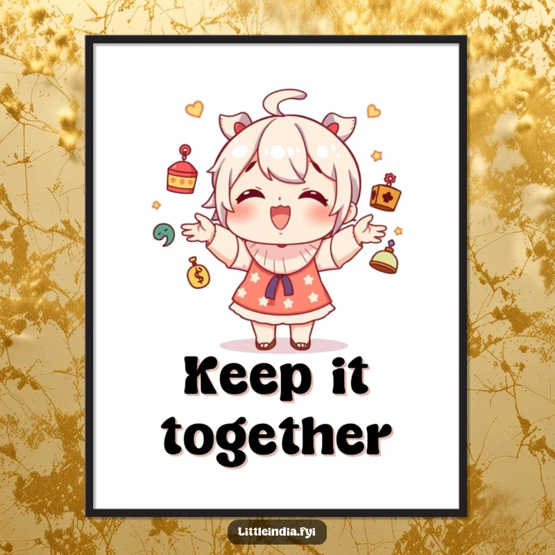 Funny poster art of a giggling character skillfully juggling small, decorative trinkets with a happy, playful demeanor.