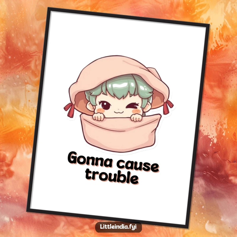 Funny Poster displaying a mischievous character peeking from a colorful market stall, adding humorous playful decor.