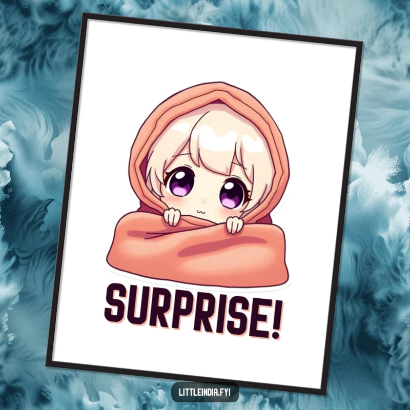 Funny poster depicting a delighted character peeking from behind a richly colored and vibrant textile, creating a sense of playful mystery.