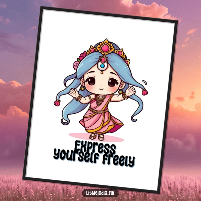 Funny poster showcasing a character mid-dance in a sari, capturing movement and celebration, adding a humorous and artistic touch to any wall.