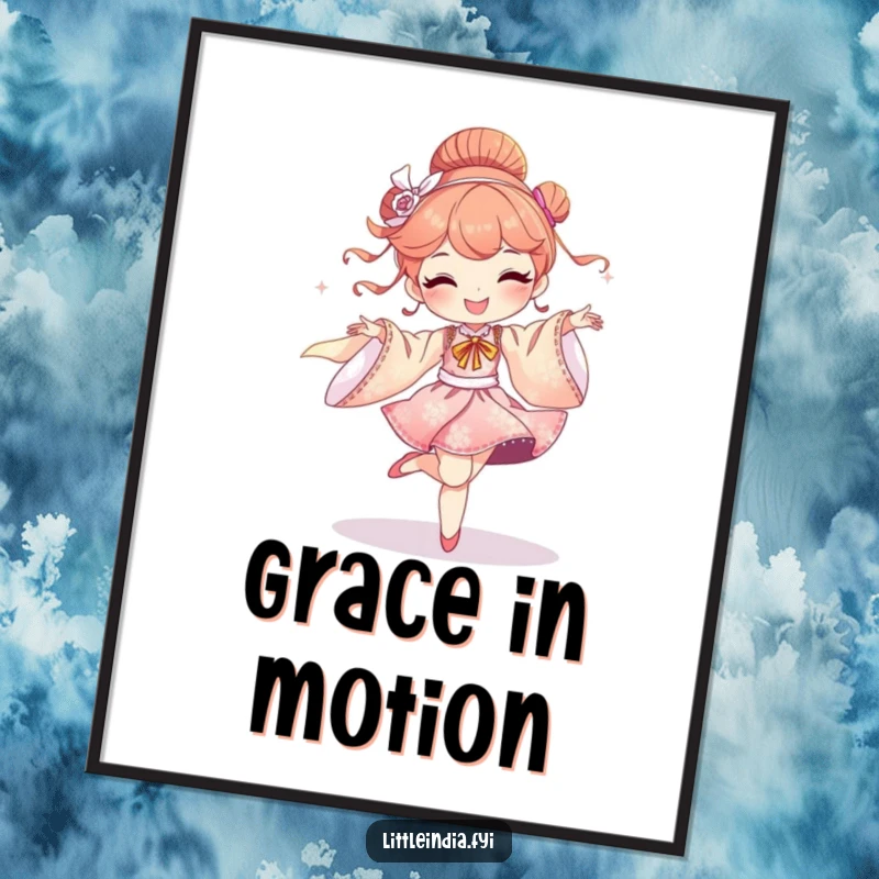 Funny poster art of a delighted character joyfully dancing amidst flowing, shimmering silk fabrics, creating a beautiful scene.