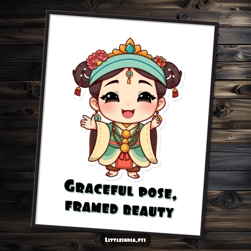 Funny Cultural Art Poster: Happy character adorned with ornate jewelry, striking a poised and graceful pose, ideal for elegant decor.