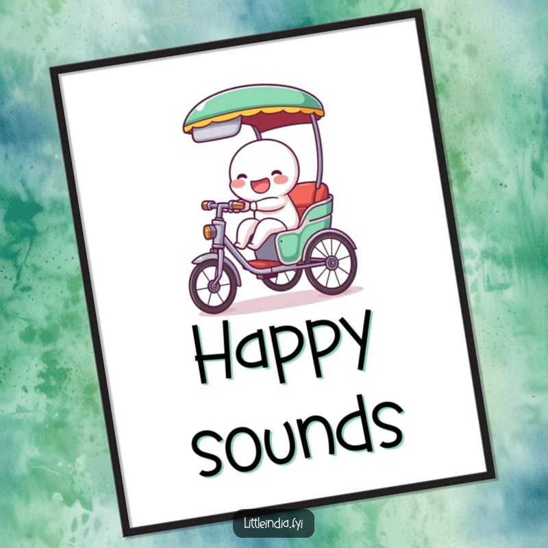 Funny poster featuring a giggling rickshaw character cheerfully tooting, radiating playful energy and a feeling of unadulterated, vibrant happiness.