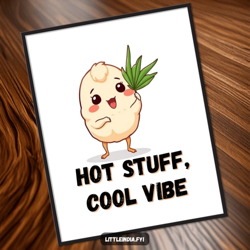 Funny Curry Puff Poster showing a curry puff with tiny legs fanning itself with a palm frond, looking relieved.