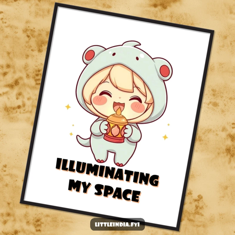 Funny Poster print of a joyous character holding a small decorative lamp with a warm glow, adding ambiance, a great funny gift.