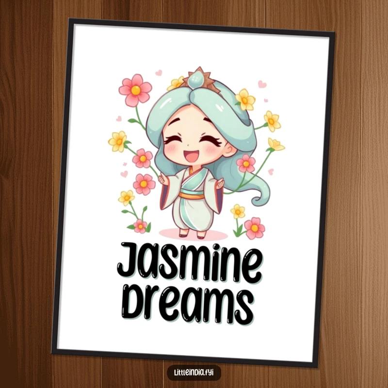 Funny poster art of a character gracefully juggling jasmine flowers, evoking feelings of happiness and delicate beauty.